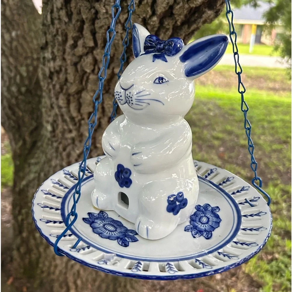 Rare and Unique Blue & White Porcelain Bunny Rabbit Bird Feeder